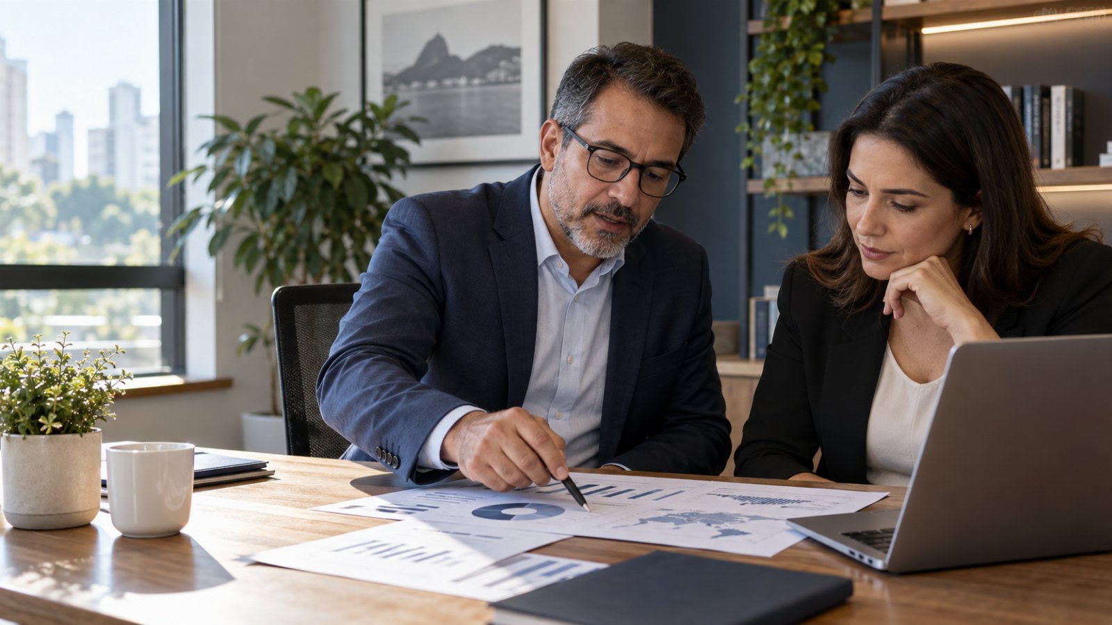 Empresário analisa com contador a opção do Simples Nacional pelo regime regular de IBS e CBS.